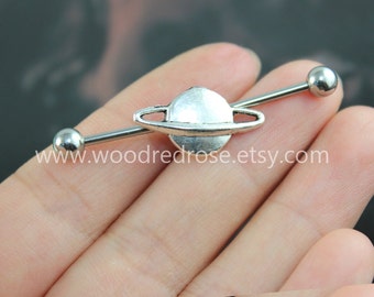 Industrial Barbell With Silver Saturn Body Jewelry Ear Jewelry Double Piercing,Saturn Belly Button Rings, Saturn earring