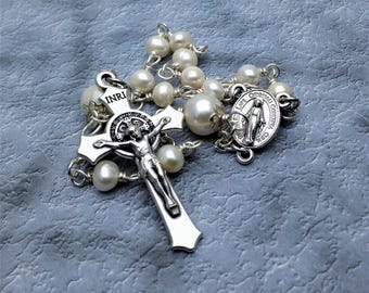 Saint Benedict Rosary / One Decade Rosary / White Pearl Rosary / Catholic Rosary / Gift for Her / Confirmation Gift / Mini Rosary
