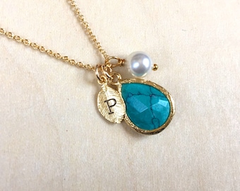Turquoise Gold Necklace, December Birthstone Necklace, Leaf Initial Necklace, Birthstone Jewlery, Initial Birthstone Necklace