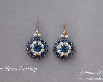 Beaded Earrings Tutorial - Blue Roses Earrings - 8mm Beaded Bezel Swarovski Chatons - Swarovski Earrings - PDF pattern