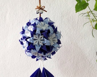 Blue Origami Flower Ball. Translucent Origami Flower. Origami Christmas Ornament. Home Decoration.