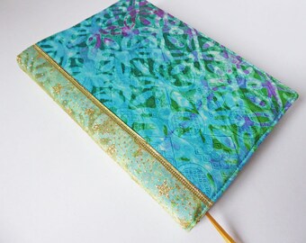 A5 'Batik' Planner Cover, Diary & Cover, Removable Book Cover, Fits Hobonichi Cousin, Batik Cotton, Gold Glitter Ribbon, OOAK, UK Seller