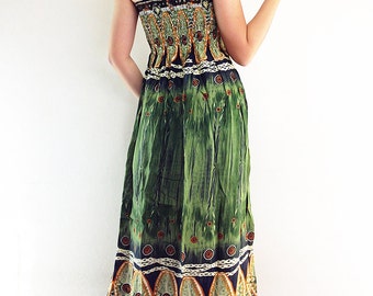 Thai Women Maxi Dress Gypsy Dress Boho Dress Hippie Dress Summer Beach Dress Long Dress Party Dress Clothing Printed Olive Green (DL1)