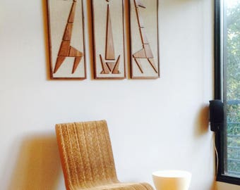 Mad Men Cat Giraffe Mid Century Modern Eames Era Triptych Art