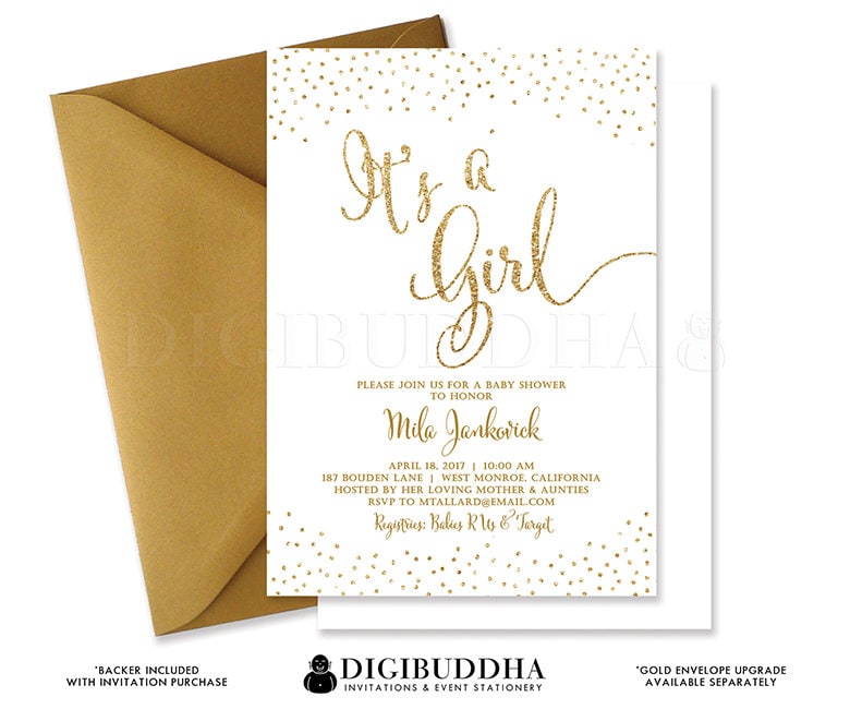WHITE & GOLD BABY Shower Invitation Gold Glitter Confetti Dots