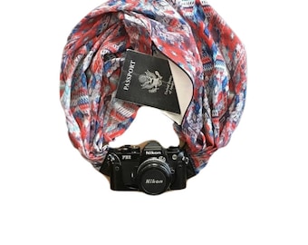 Red White and Blue Diamond Print Camera Strap with Lens Pocket - The Original Camera Scarf Strap With Hidden Pocket