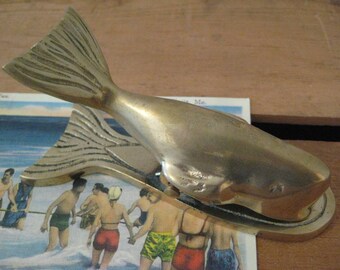 vintage brass whale letter holder - brass letter clip - whale paperweight - nautical decor - office decor - desk supply - whale figurine