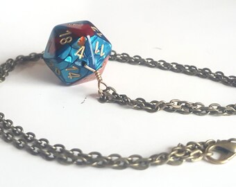 Dice Pendant Necklace - Teal and Red D20 Twenty Sided Dice Jewelry - Geeky Gamer Jewelry