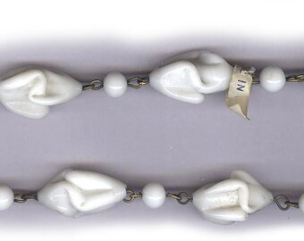 vintage rosary bead chain WHITE TWISTY JAPANESE glass bead chain on patinaed wire strand antique glass strand 1940s 16" strand