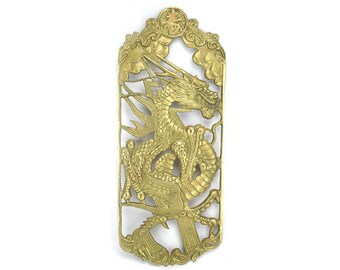 Vintage Brass Dragon Wall Plaque Art - Gold Griffin Oriental Asian Decor - Chinoiserie Hollywood Regency Mythical Creatures 2D Wall Hanging
