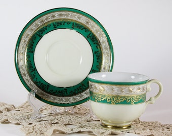 Green & White Striped Teacup and Saucer
