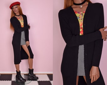 90s Black Ribbed Knit Cardigan Sweater/ Medium/ 1990s