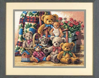 Teddy Bear Gathering Cross Stitch Kit,Cross Stitch Kit,Teddy Bear X-Stitch,Baby room,Home Decor, Baby Girl Gift, Teddy Bear Picture, flowers