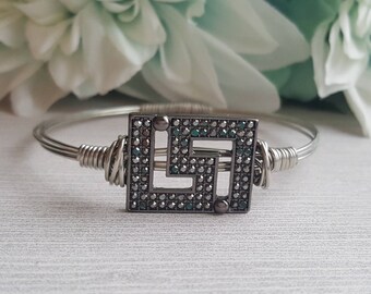 Rhinestone Greek Key Bangle - Greek Key Charm - Greek Jewelry - Wire Wrapped Bangle - Charm Bangle - Rhinestone Bangle - Historical Jewelry