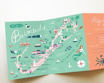 wedding invitation map tri fold invitation bermuda destination wedding any location