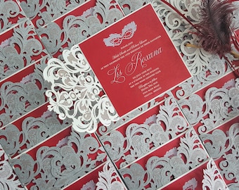 Quinceanera Invitation, Laser cut quinceanera invite silver glitter red - custom Masquerade quinceanera invitation {Liz design: LizSer01}