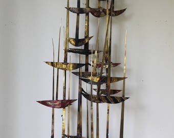 Mid Century Modern, Metal Wall Art, Sail Boats, Abstract, Gold, Copper, Brass, Curtis Jere Era