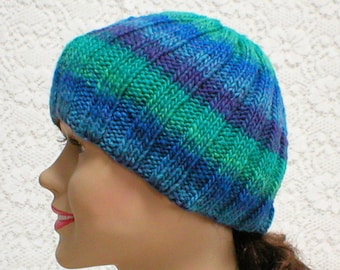 Blue green purple beanie hat, striped hat, skull cap, ribbed beanie, knit hat, toque, mens womens hat, blue green hat, beanie hat, hiking