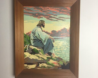 Midcentury Vintage Paint By Number Jesus Kitsch Religious Art Framed Painting