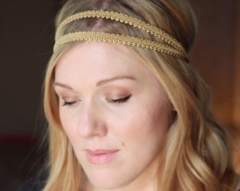 Gold Grecian Elastic Headband, Double Strand Stretch Headband