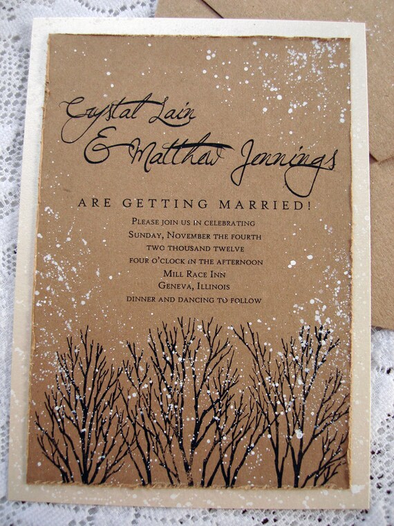 Winter Wedding Invitations Rustic Tree Hand Stamped And Painted Invitation Stationary Winter Wedding Invitations Rustic Tree Hand Stamped And Painted Invitation Stationary