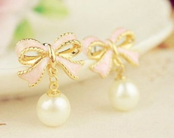 Shabby/romantic pink bow and Pearl Earrings