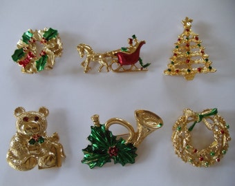 6 Vintage Christmas Pins signed Gerrys