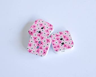 5x Square Wooden Buttons - Pink with tiny flowers - 15mm 2 hole buttons