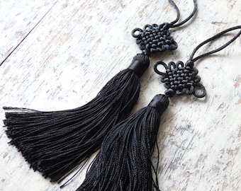 Chinese lucky knot tassels - BLACK with SMALLER knot, one pair black fancy knot tassels, Chinese lucky tassels, infinity knot tassels - 2