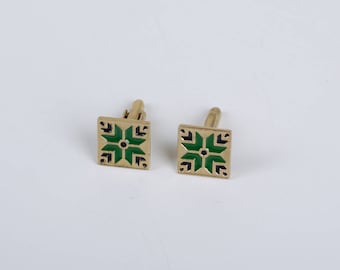 Ukrainian Design Vintage Style Cuff Links Brass Black/Green Enamel Traditional Men Jewelry Father's Day Gift Present for Man Wedding Gift