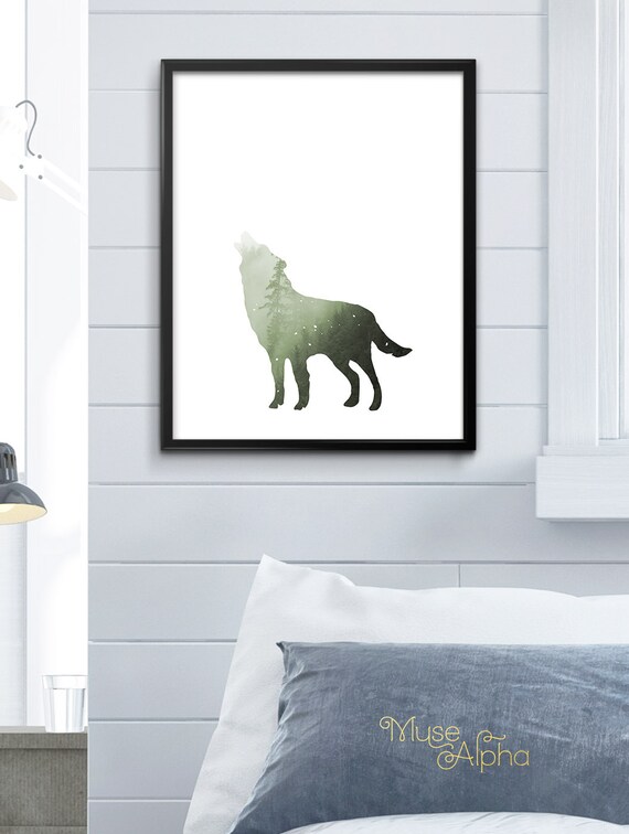 Items similar to Large Wolf Print, 24x30 Poster, Wolf Silhouette, Fox Silhouette, Mountain
