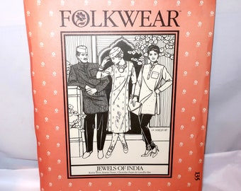Vintage FOLKWEAR JEWELS Of INDIA Sewing Pattern #135 Men & Womens Sizes Kurta Shirt, Kamiz Tunic, Churidar Pants, Gandhi Hat Long Short Gift