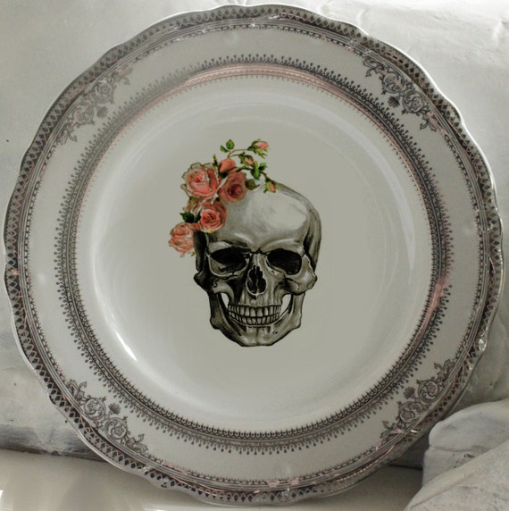 Rose Skull Wedding Plates Silver or Gold Skull Dishes