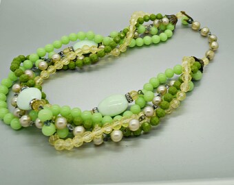 Green Glass, Pearl and Rhinestone Multi Strand Necklace 1950's Jewelry