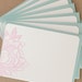 Stationery Notes, Letterpress Cards : Peony Pink Small Blossoming Flower Notes, box of 5 flat notes w pool blue envelopes