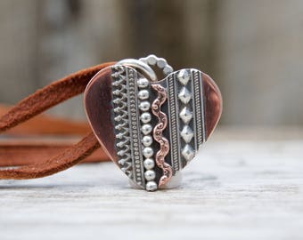 Soldered Large Copper Sterling Heart Rustic Necklace. Textured Wires . Rustic . Relics . Stamped