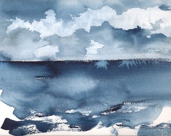 Monday, Original Abstract Waterscape Painting, Watercolour, Indigo Blue