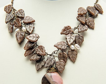 Pink and Brown Statement Necklace, Leaf Necklace, Leaf Jewelry, Nature Jewelry,