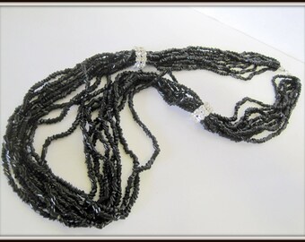 Black Glass Bead Necklace, Multistrand Torsade, Rhinestone Rondelles - Elegant Necklace