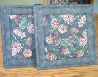 Quilted Pot Holders in a Pinecone on Green Pattern - Set of 2