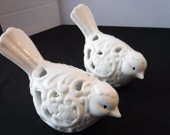 Porcelain Love Birds, Porcelain Birds with scroll Cut out design and flowers, Cottage Chic Birds,Gloss Porcelain Birds, White Bird Figurines