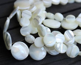 Natural White Pearl Shell Coin Beads, Mother of Pearl Flat Round 8mm 10mm 15mm Coin Shape Loose Beads (HX224)