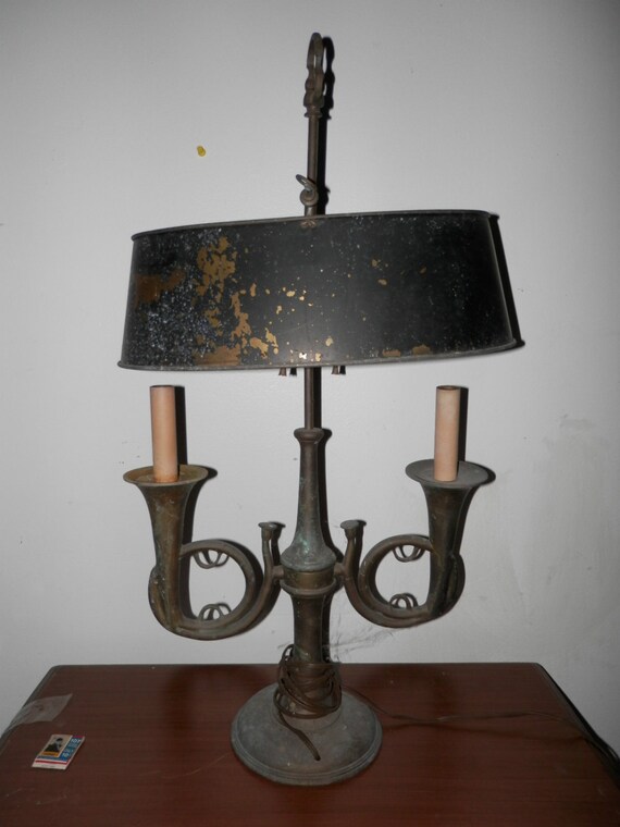 Antique Metal Shade Double Horn Socket Candlestick Brass Antique Metal Shade Double Horn Socket Candlestick Brass