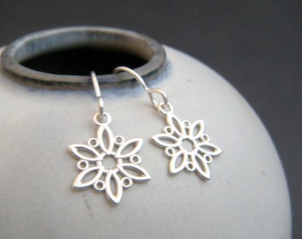 small sterling silver snowflake earrings simple drop leverback lever back hook everyday simple jewelry filigree winter gift for her