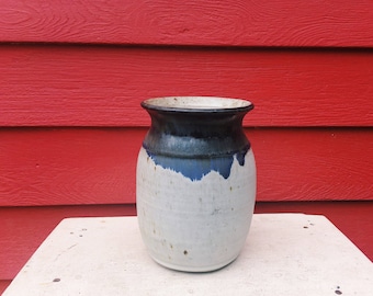 Tall White Stoneware Vase with Blue Flowing Rim