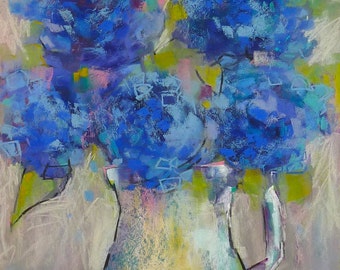 BLUE HYDRANGEAS Large Original Pastel Painting