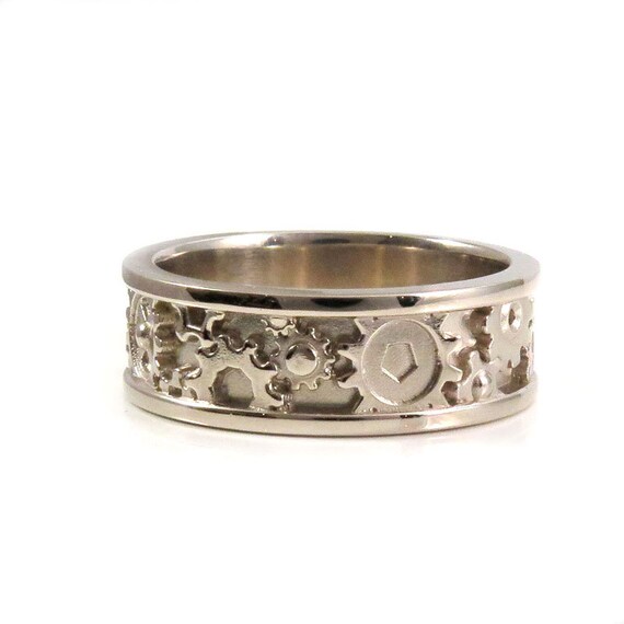 Mens Modern White Gold Wedding Band - Steampunk Gear Ring