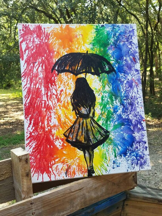 Melted crayon art on canvas 16x20 girl with umbrella
