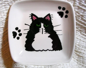 Black & White Tuxedo Cat On Square Ceramic Dish / Bowl Handmade by Grace M. Smith