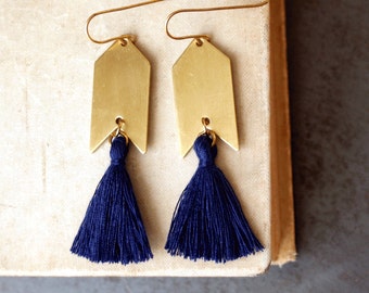 Navy Blue Tassel Earrings, Dark Blue and Gold, Natural Brass Tassel Earrings, Arrowhead, Arrow Earrings